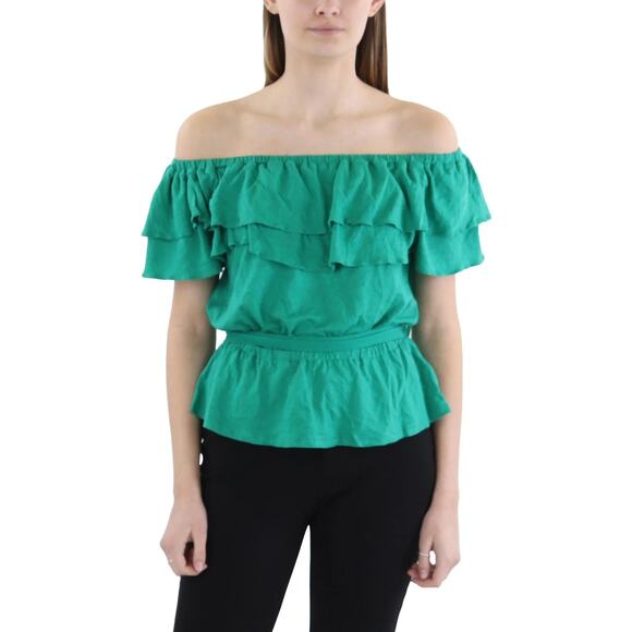 Ralph Lauren Size XL Green Off Shoulder Peplum Top Ruffle Linen Blend OS27-29 - Picture 1 of 11